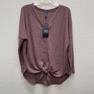 Iwollence Womens Small Waffle Knit Top Mauve Long Sleeve V Neck Tie Knot NWTs